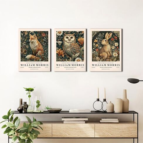 William Morris Wall Art Decor Vintage Animal Canvas Prints for Living Room Nature Floral Painting Poster Rabbit Owl Fox Pictures Green Botanical Canvas Artwork for Kitchen Home Decoration 12x16" 3Pcs in Saudi Arabia