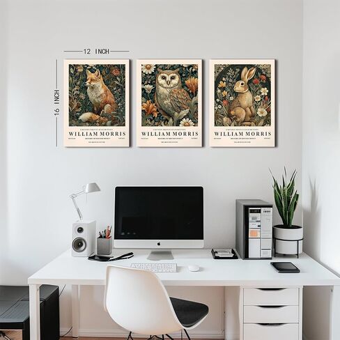 William Morris Wall Art Decor Vintage Animal Canvas Prints for Living Room Nature Floral Painting Poster Rabbit Owl Fox Pictures Green Botanical Canvas Artwork for Kitchen Home Decoration 12x16" 3Pcs in Saudi Arabia