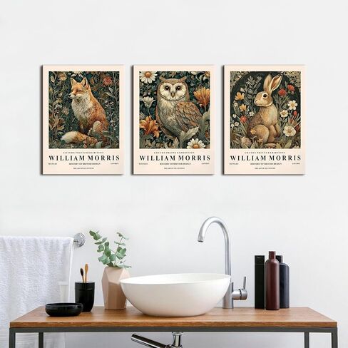 William Morris Wall Art Decor Vintage Animal Canvas Prints for Living Room Nature Floral Painting Poster Rabbit Owl Fox Pictures Green Botanical Canvas Artwork for Kitchen Home Decoration 12x16" 3Pcs in Saudi Arabia