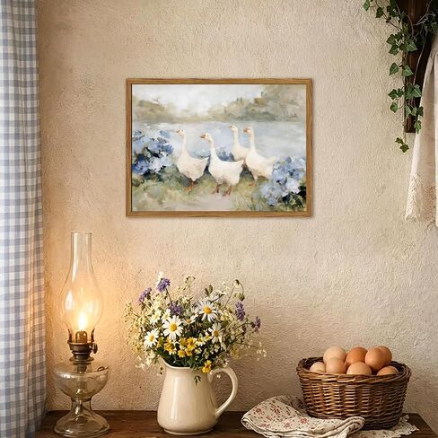 مؤطرة خمر الأوز جدار الفن، Cottagecore الأزرق الكوبية الزهور المناظر الطبيعية صور جدار ديكور، ريفي مزرعة الحيوان لوحات قماش يطبع ديكور المنزل البلد لغرفة المعيشة الحمام 16x24 بوصة in Kuwait
