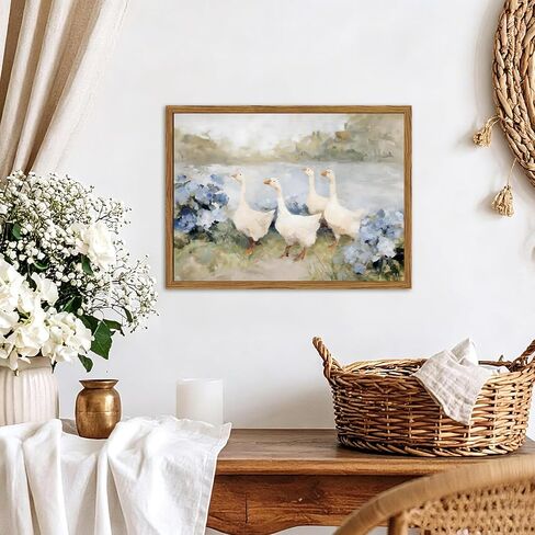 مؤطرة خمر الأوز جدار الفن، Cottagecore الأزرق الكوبية الزهور المناظر الطبيعية صور جدار ديكور، ريفي مزرعة الحيوان لوحات قماش يطبع ديكور المنزل البلد لغرفة المعيشة الحمام 16x24 بوصة in Kuwait