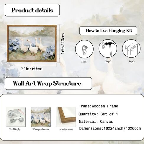 مؤطرة خمر الأوز جدار الفن، Cottagecore الأزرق الكوبية الزهور المناظر الطبيعية صور جدار ديكور، ريفي مزرعة الحيوان لوحات قماش يطبع ديكور المنزل البلد لغرفة المعيشة الحمام 16x24 بوصة in Kuwait