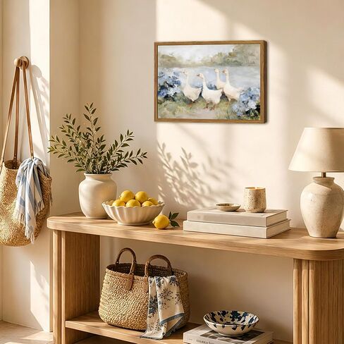 مؤطرة خمر الأوز جدار الفن، Cottagecore الأزرق الكوبية الزهور المناظر الطبيعية صور جدار ديكور، ريفي مزرعة الحيوان لوحات قماش يطبع ديكور المنزل البلد لغرفة المعيشة الحمام 16x24 بوصة in Kuwait