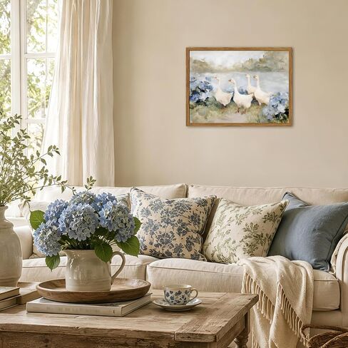 مؤطرة خمر الأوز جدار الفن، Cottagecore الأزرق الكوبية الزهور المناظر الطبيعية صور جدار ديكور، ريفي مزرعة الحيوان لوحات قماش يطبع ديكور المنزل البلد لغرفة المعيشة الحمام 16x24 بوصة in Kuwait
