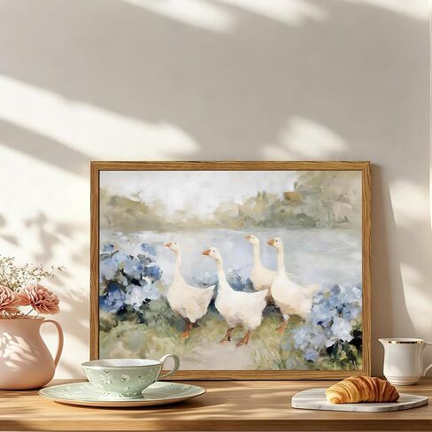 مؤطرة خمر الأوز جدار الفن، Cottagecore الأزرق الكوبية الزهور المناظر الطبيعية صور جدار ديكور، ريفي مزرعة الحيوان لوحات قماش يطبع ديكور المنزل البلد لغرفة المعيشة الحمام 16x24 بوصة in Kuwait