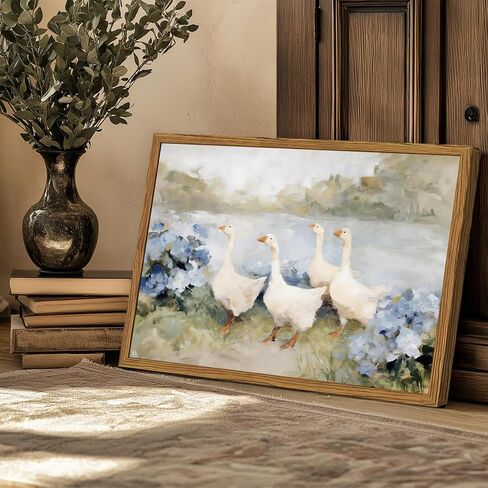 مؤطرة خمر الأوز جدار الفن، Cottagecore الأزرق الكوبية الزهور المناظر الطبيعية صور جدار ديكور، ريفي مزرعة الحيوان لوحات قماش يطبع ديكور المنزل البلد لغرفة المعيشة الحمام 16x24 بوصة in Kuwait