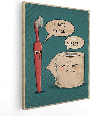 QICLM Funny Bathroom Wall Art, I Hate My Job Oh Please Funny Toothbrush and Toilet Paper Canvas Wall Art Poster for Vintage Bathroom Restroom Decor, Beautiful 11x14 Inch Framed in Kuwait