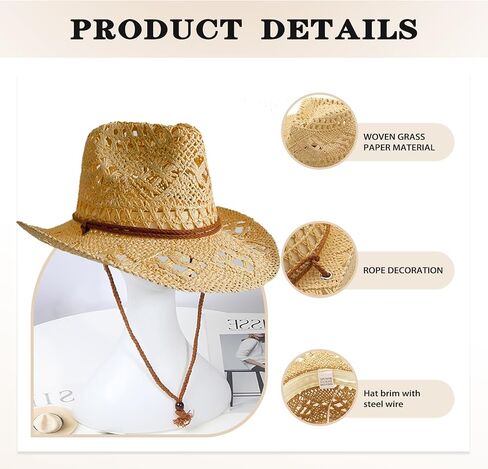 Straw Cowboy Hats Cowgirl Hat Foldable Wide Brim Cowboy Hat for Women/Men Travel Vacation Beach Sun Hats in Saudi Arabia