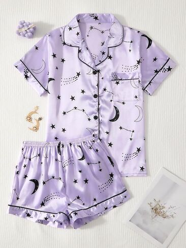 Women's Pajamas Set Soft Comfortable Sleepwear Moon Star Print Nightwear Short Pants in Kuwait