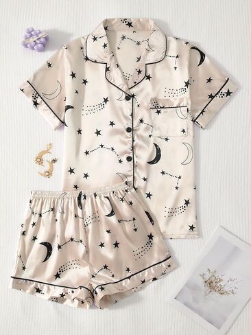 Women's Pajamas Set Soft Comfortable Sleepwear Moon Star Print Nightwear Short Pants in Kuwait