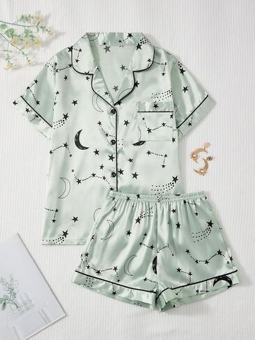 Women's Pajamas Set Soft Comfortable Sleepwear Moon Star Print Nightwear Short Pants in Kuwait