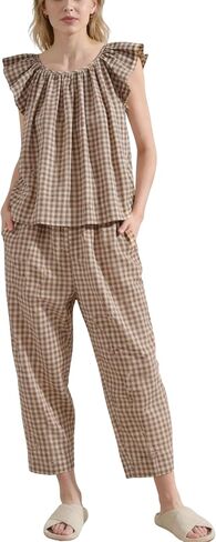 Women's 2 Piece Cotton Plaid Pajama Set Soft Ruffle Sleeve Top & Pants Sleepwear Comfortable Nightwear Loungewear Set in Saudi Arabia