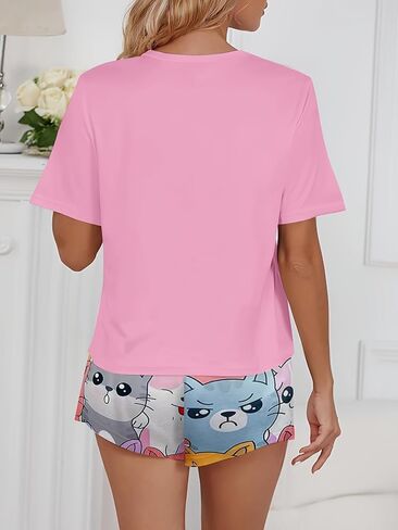 Women Pajama Set 2 Piece Short Sleeve Top and Shorts Cat Print Sleepwear for Home Night Indoor Daily Routine Wear in Kuwait