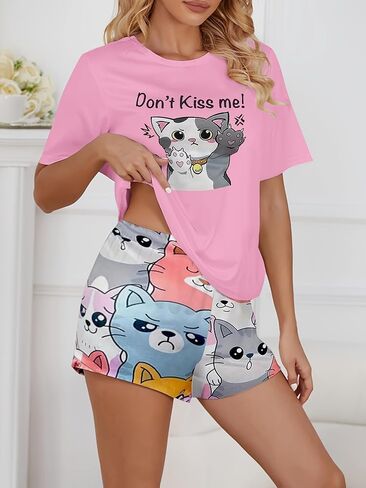 Women Pajama Set 2 Piece Short Sleeve Top and Shorts Cat Print Sleepwear for Home Night Indoor Daily Routine Wear in Kuwait