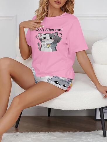 Women Pajama Set 2 Piece Short Sleeve Top and Shorts Cat Print Sleepwear for Home Night Indoor Daily Routine Wear in Kuwait