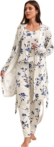 Women's Floral Print Pajama Set with Robe, Pink and White in Kuwait