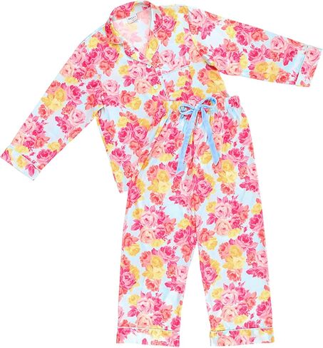 Bella Sleep + Spa Pajamas for Women Loungewear 2-Piece Silky Satin Long Sleeve Top and Capri Pants, X-Large, Blue + Rose Floral in Saudi Arabia