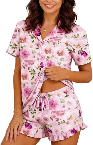 Marvmys Women Short Sleeve Pajamas Set Button Down 2 Piece Pjs Shorts Set Ruffle Lounge Set Sleepwears S-XXL in Saudi Arabia