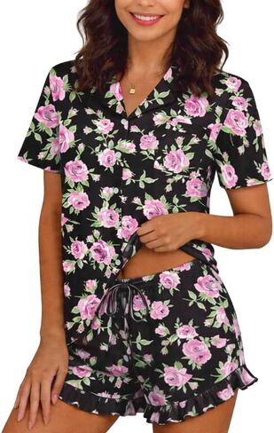 Marvmys Women Short Sleeve Pajamas Set Button Down 2 Piece Pjs Shorts Set Ruffle Lounge Set Sleepwears S-XXL in Saudi Arabia
