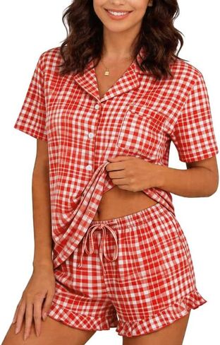Marvmys Women Short Sleeve Pajamas Set Button Down 2 Piece Pjs Shorts Set Ruffle Lounge Set Sleepwears S-XXL in Saudi Arabia