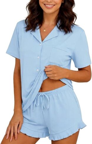 Marvmys Women Short Sleeve Pajamas Set Button Down 2 Piece Pjs Shorts Set Ruffle Lounge Set Sleepwears S-XXL in Saudi Arabia