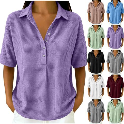 Womens Summer Tops Waffle Knit Short Sleeve 4 Button Collar Golf Shirts Casual Dressy Trendy Blouse in Saudi Arabia