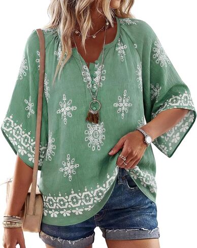 BEPEI Womens Boho Tops 3/4 Sleeve V Neck Shirts Floral Casual Button Down Blouses Loose Fit Vacation Clothes in Saudi Arabia