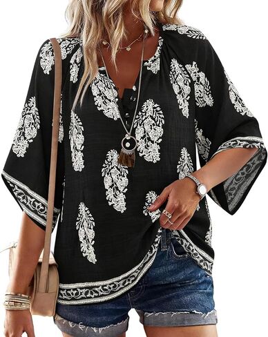 BEPEI Womens Boho Tops 3/4 Sleeve V Neck Shirts Floral Casual Button Down Blouses Loose Fit Vacation Clothes in Saudi Arabia