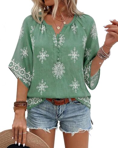 BEPEI Womens Boho Tops 3/4 Sleeve V Neck Shirts Floral Casual Button Down Blouses Loose Fit Vacation Clothes in Saudi Arabia