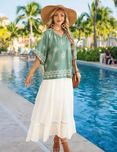 BEPEI Womens Boho Tops 3/4 Sleeve V Neck Shirts Floral Casual Button Down Blouses Loose Fit Vacation Clothes in Saudi Arabia