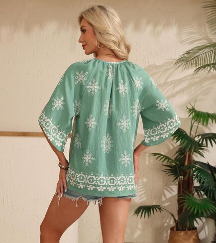 BEPEI Womens Boho Tops 3/4 Sleeve V Neck Shirts Floral Casual Button Down Blouses Loose Fit Vacation Clothes in Saudi Arabia