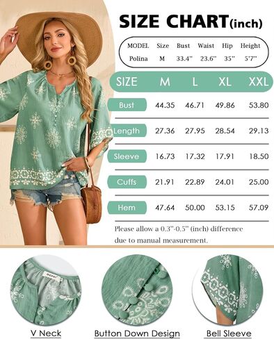 BEPEI Womens Boho Tops 3/4 Sleeve V Neck Shirts Floral Casual Button Down Blouses Loose Fit Vacation Clothes in Saudi Arabia