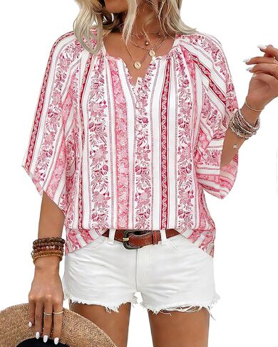 BEPEI Womens Boho Tops 3/4 Sleeve V Neck Shirts Floral Casual Button Down Blouses Loose Fit Vacation Clothes in Saudi Arabia