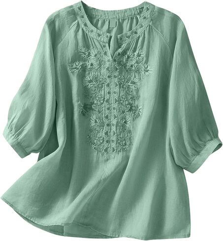 Womens Floral Embroidered Top 3/4 Sleeve Bohemian Shirts Loose Fit Henley Neck Casual Tops Summer Outfits in Saudi Arabia