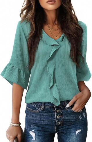 Womens Blouses Dressy Casual Summer 3/4 Sleeve V Neck Ruffle Tops Trendy Business Work Shirts Spring Outfits in Saudi Arabia