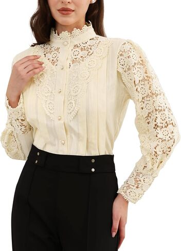 Allegra K Lace Trim Top for Women's Elegant Stand Collar Victorian Long Sleeve Button Down Blouse in Saudi Arabia