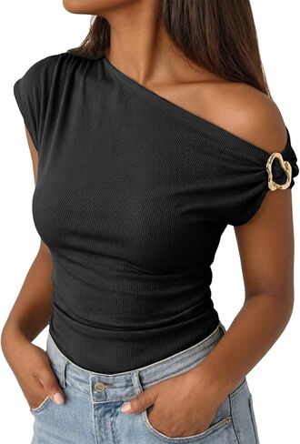 Dokotoo Womens 2026 Summer Off the Shoulder Tops Sexy Y2k Going Out T Shirts Fashion Asymmetrical Blouses in Kuwait