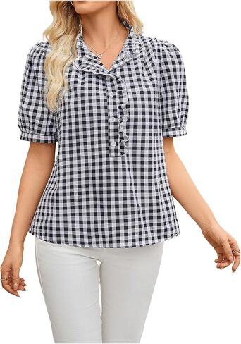 SOLY HUX Women's Plaid Blouse Half Button Short Sleeve Shirts Aesthetic Cute Summer Tops in Kuwait