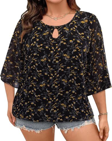 Siddhe Womens Plus Size Tops 3/4 Sleeves Chiffon Blouses Double Layers Dressy Casual Knot Button Crew Neck Shirts XL-5XL in Saudi Arabia