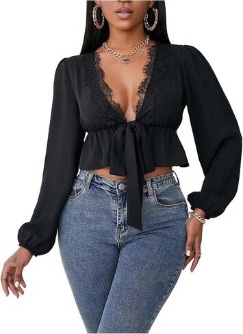 MakeMeChic Women's Deep V Neck Blouse Lace Tie Knot Lantern Sleeve Ruffle Crop Tops in Kuwait