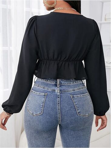 MakeMeChic Women's Deep V Neck Blouse Lace Tie Knot Lantern Sleeve Ruffle Crop Tops in Kuwait