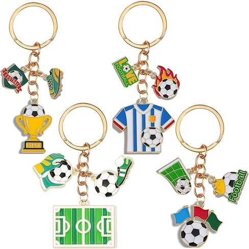 4PCS Soccer Themed Enamel Alloy Keychains, 4 Designs Football Game Keyrings with Trophy & Jersey & Field Charms, Sports Themed Key Chains for Backpack Purse Charms, Party Favor & Football Fans Gifts in Saudi Arabia