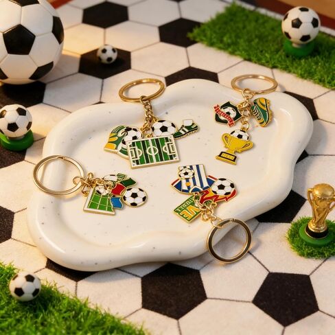4PCS Soccer Themed Enamel Alloy Keychains, 4 Designs Football Game Keyrings with Trophy & Jersey & Field Charms, Sports Themed Key Chains for Backpack Purse Charms, Party Favor & Football Fans Gifts in Saudi Arabia