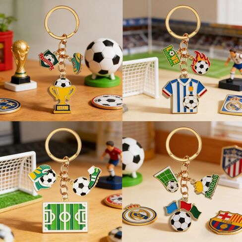 4PCS Soccer Themed Enamel Alloy Keychains, 4 Designs Football Game Keyrings with Trophy & Jersey & Field Charms, Sports Themed Key Chains for Backpack Purse Charms, Party Favor & Football Fans Gifts in Saudi Arabia