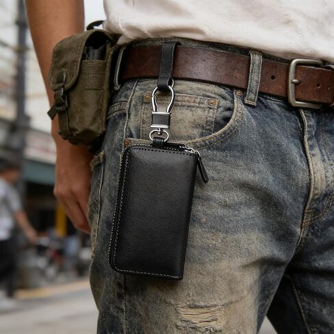 1Pc Multifunctional Zippered Key Pouch with 6 Hooks - Stylish Genuine Leather Car Key and Card Holder, Unisex in Kuwait
