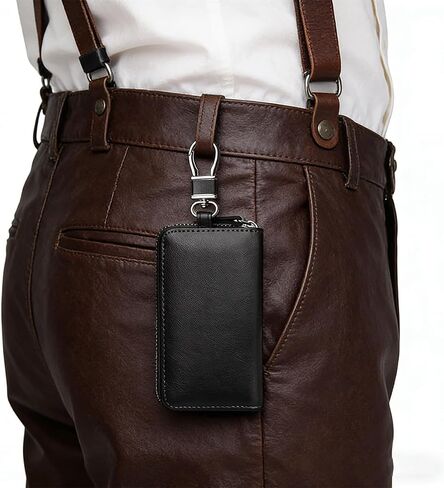 1Pc Multifunctional Zippered Key Pouch with 6 Hooks - Stylish Genuine Leather Car Key and Card Holder, Unisex in Kuwait