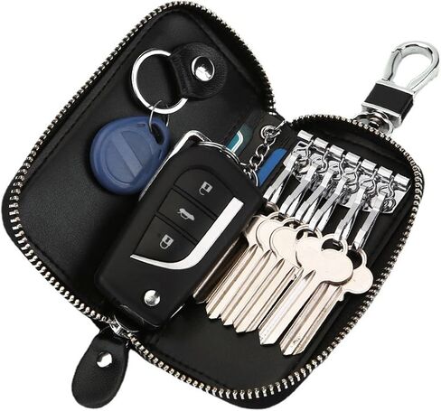 1Pc Multifunctional Zippered Key Pouch with 6 Hooks - Stylish Genuine Leather Car Key and Card Holder, Unisex in Kuwait