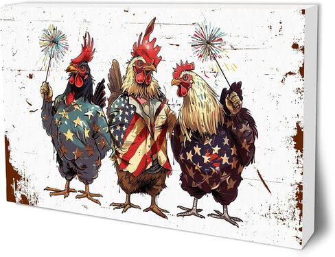 4th of July Wooden Block Plaque - 4" x 6" USA Chicken Retro Painted Rustic Tabletop Decor - Patriotic Wood Sign For Independence Day Farmhouse Desk Display & American Home Decoration - A01 in Saudi Arabia