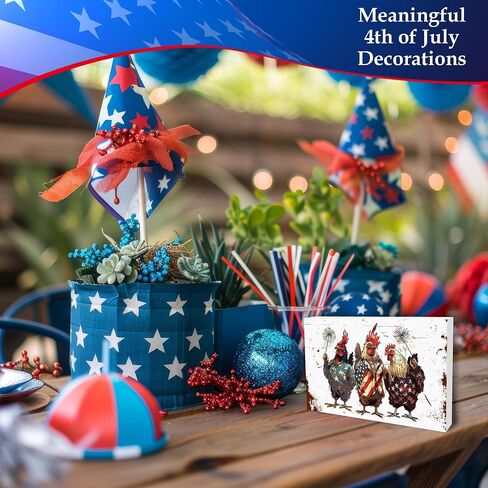 4th of July Wooden Block Plaque - 4" x 6" USA Chicken Retro Painted Rustic Tabletop Decor - Patriotic Wood Sign For Independence Day Farmhouse Desk Display & American Home Decoration - A01 in Saudi Arabia