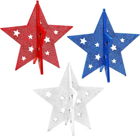 DECYOOL 3 Pack 4th of July Wood Stars 3D Glitter Red White Blue Table Centerpieces Patriotic Star Table Signs for Home Tiered Tray Desk Decorations in Kuwait